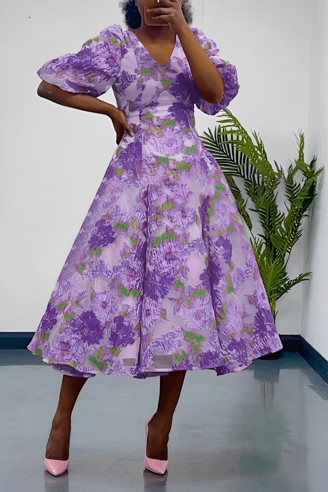 Stylish Puff Sleeve Botanical Print Dress