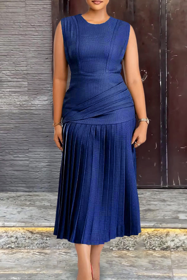 drop hem midi dress acorpstyle|Women's dress|Elegant Round Neck Ruched Hem Midi Dress