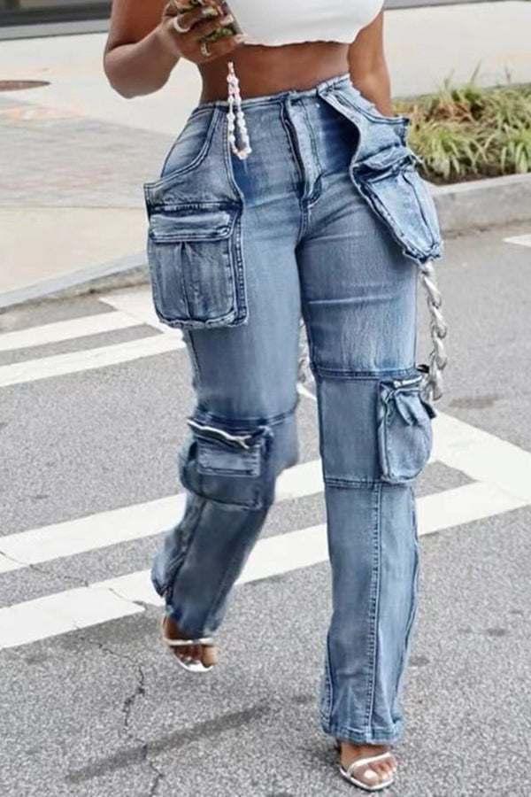 Casual Patchwork Multi-Pocket Accordion Jeans