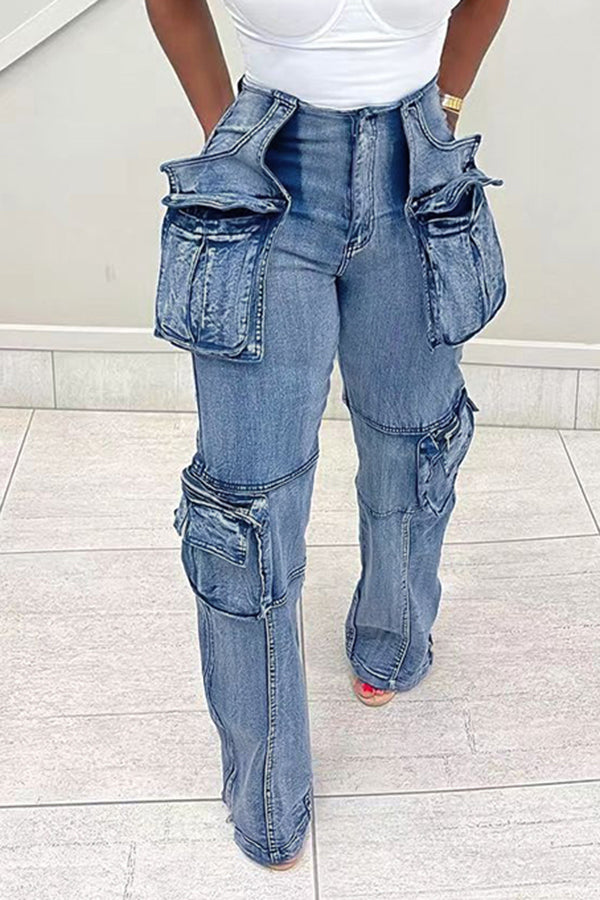 Casual Patchwork Multi-Pocket Accordion Jeans