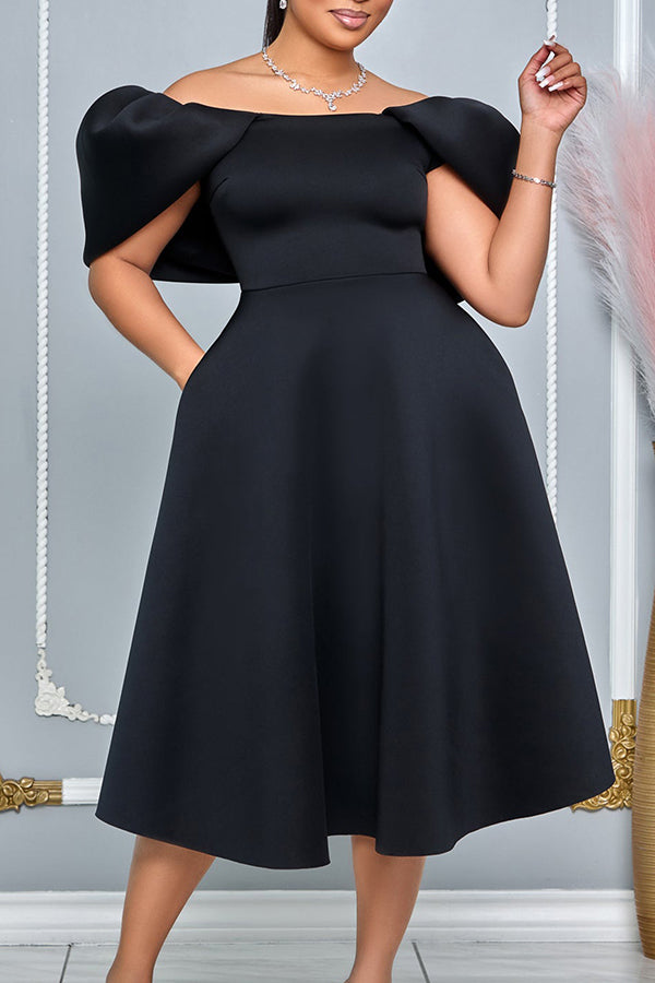 Elegant Solid Puff Sleeve A-line Dress