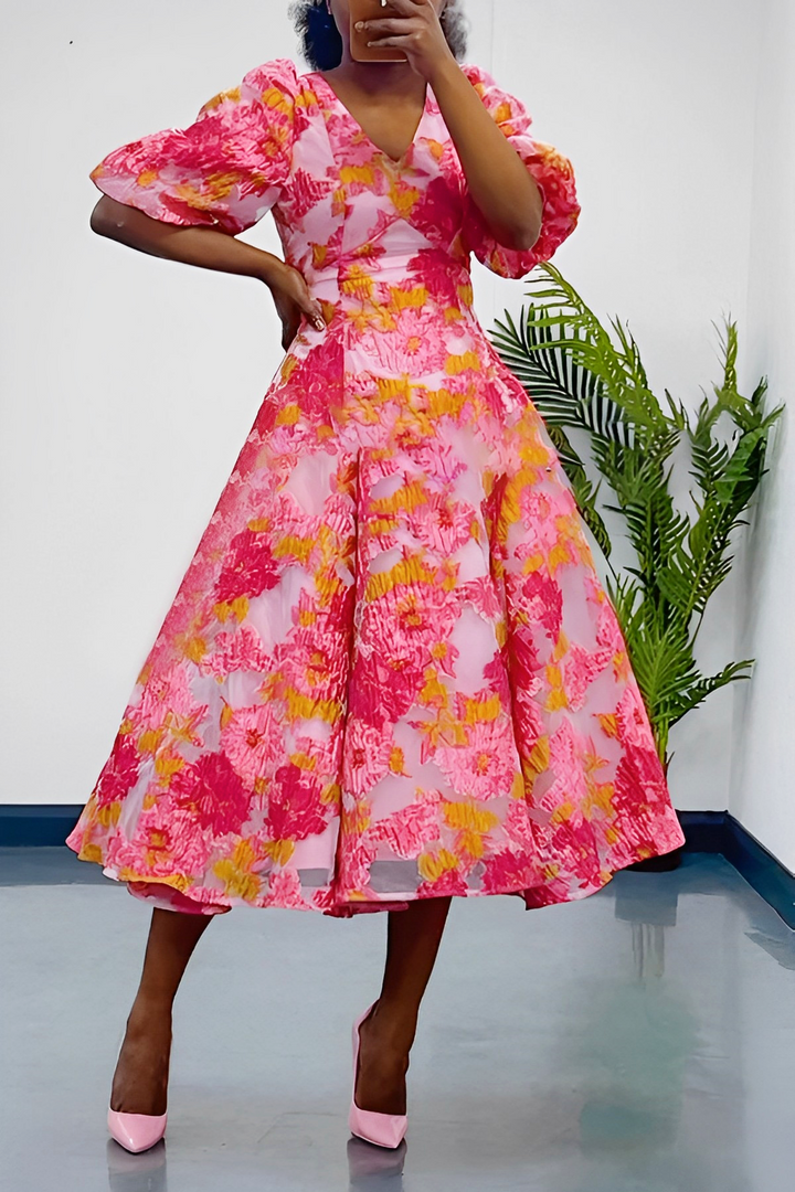 Stylish Puff Sleeve Botanical Print Dress
