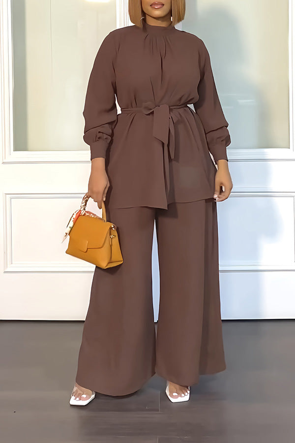 Stand Collar Self Belted Pants Suit