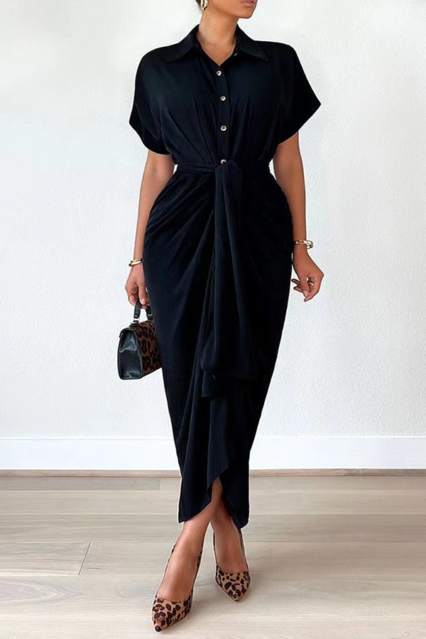 Stylish Tie Front Ruched Shirt Dress