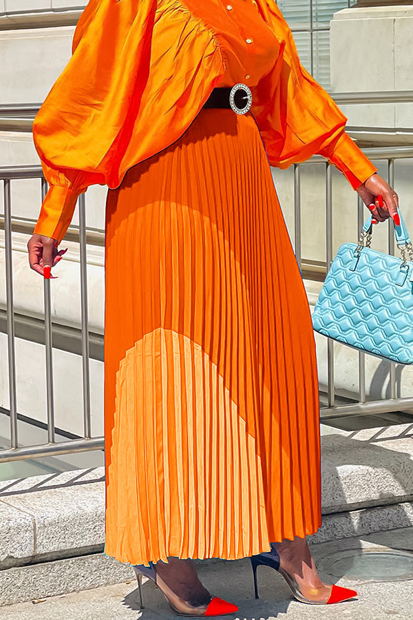 Color Block Pleated Maxi Dress With Belt