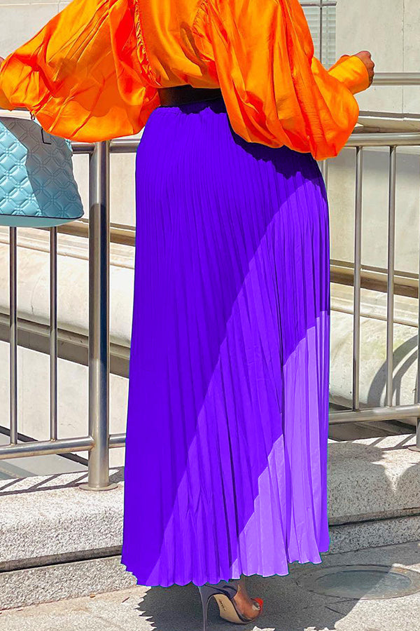 Color Block Pleated Maxi Dress With Belt