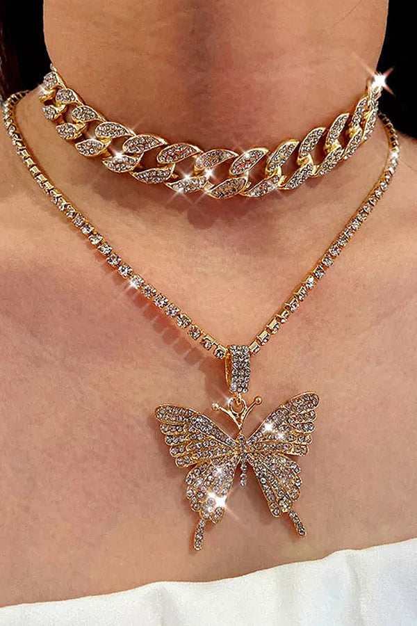 Double Layer Butterfly Rhinestone Necklace