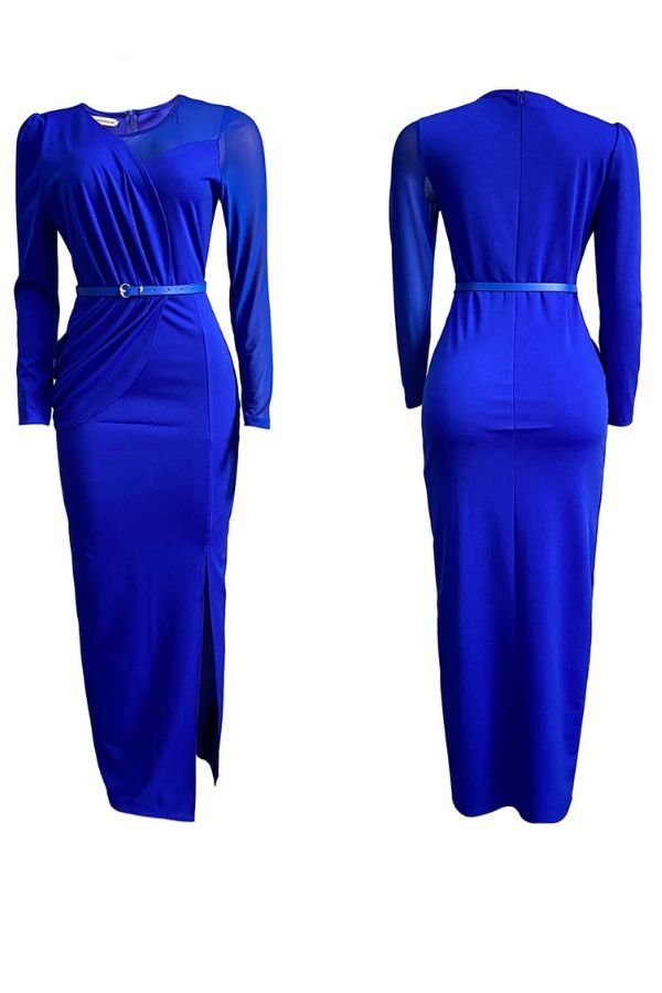 Mesh Panel Belted Split Thigh Dress