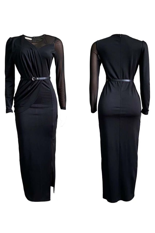 Mesh Panel Belted Split Thigh Dress