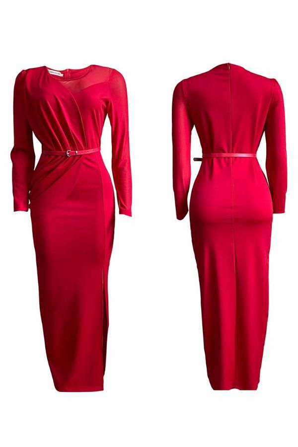 Mesh Panel Belted Split Thigh Dress