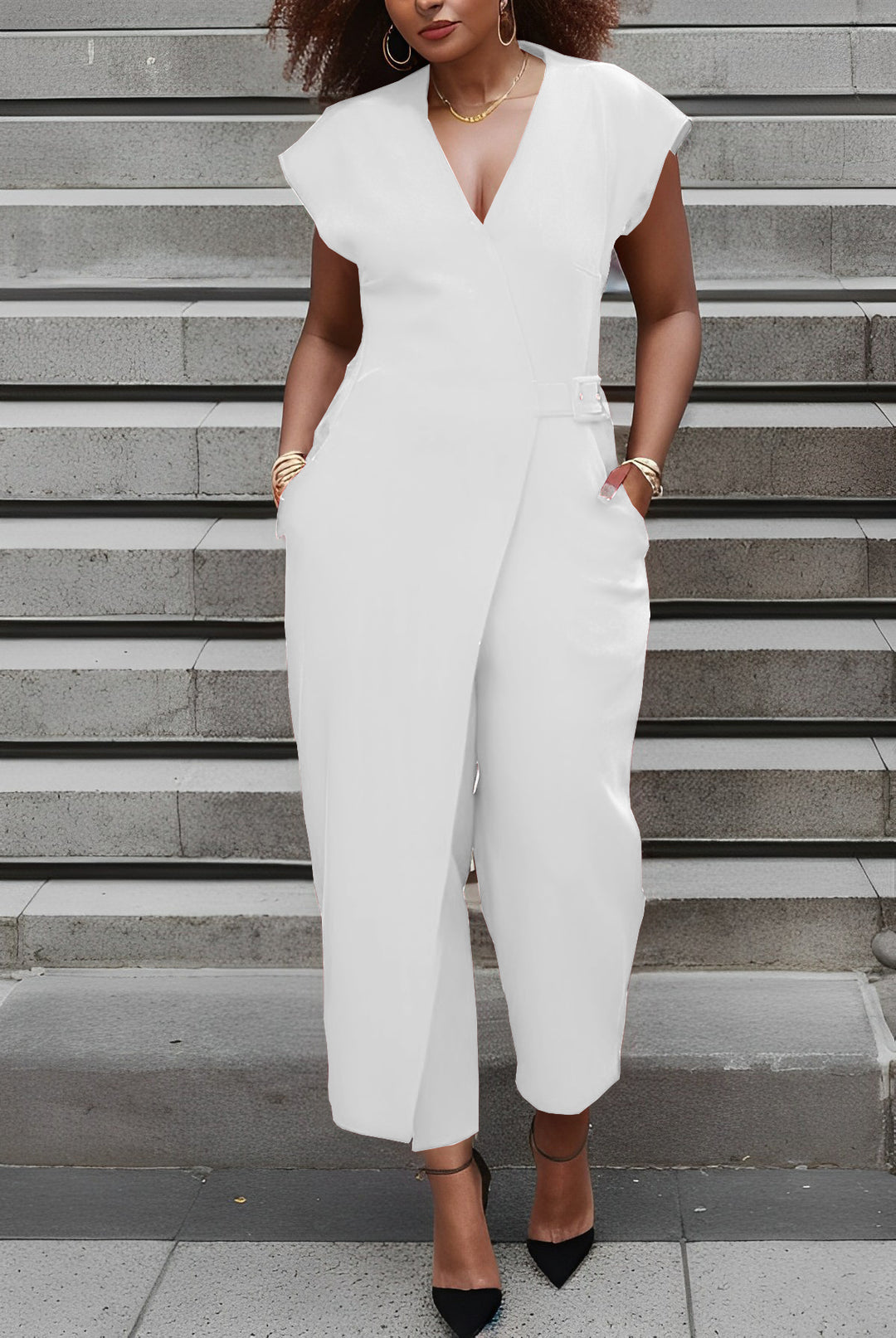 Surplice Front Belted Slant Pocket Jumpsuit