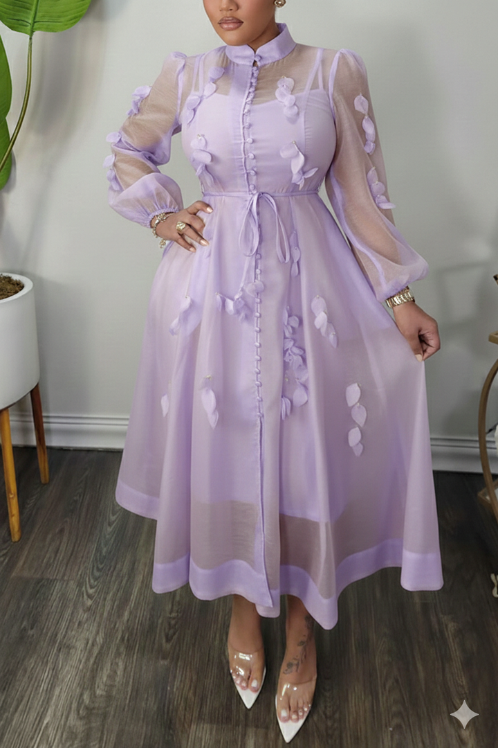 High Neck Hollow Out Lantern Sleeve Dress