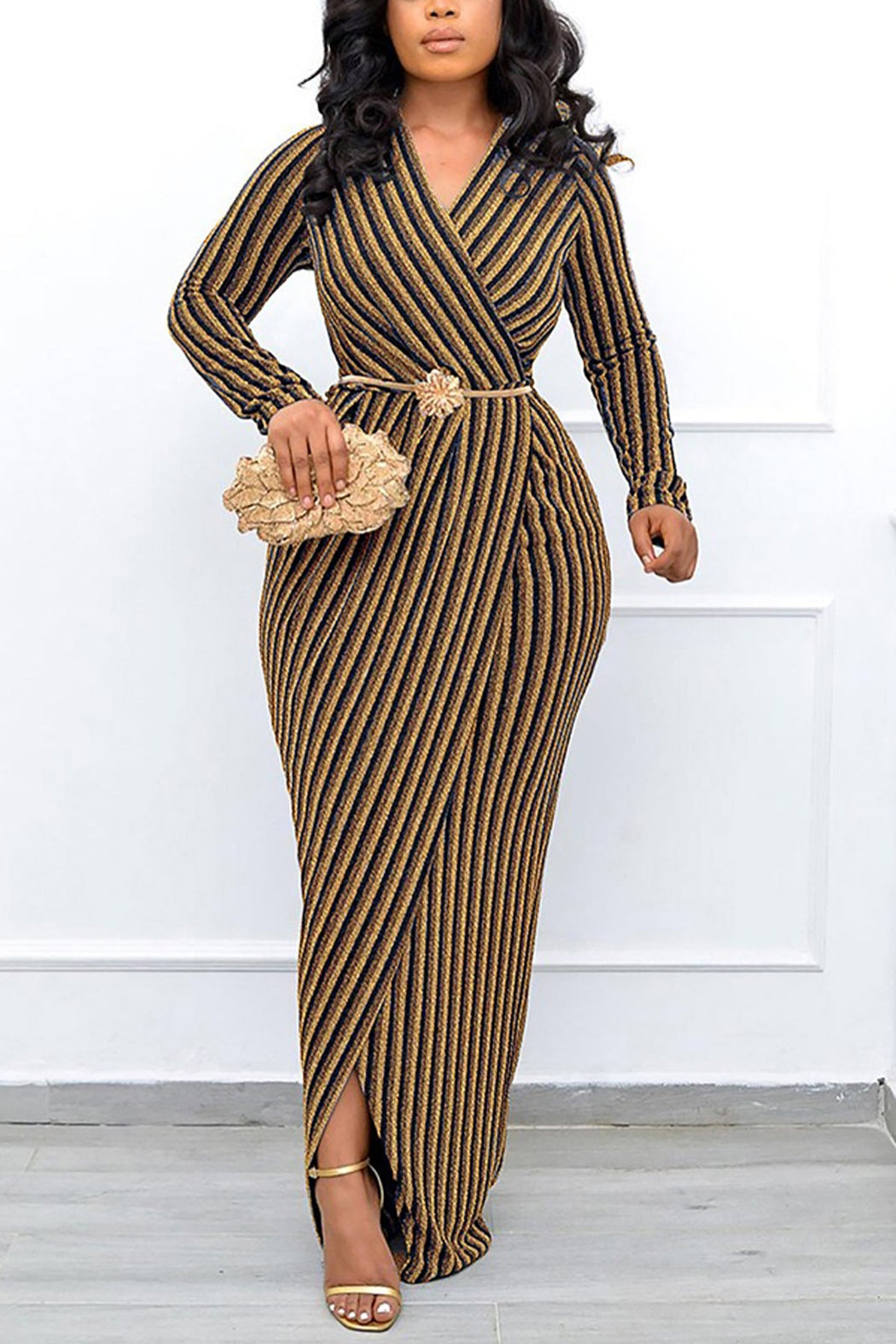 Elegant Striped Surplice Neck Dress