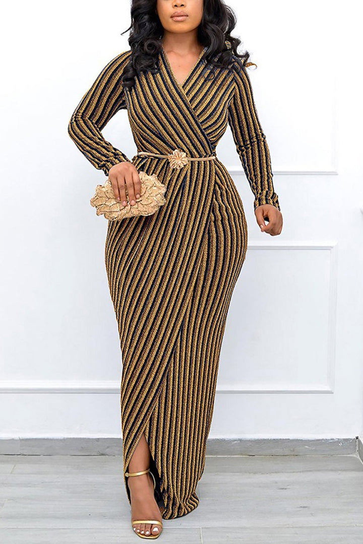 Elegant Striped Surplice Neck Dress