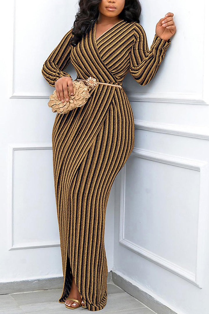 Elegant Striped Surplice Neck Dress