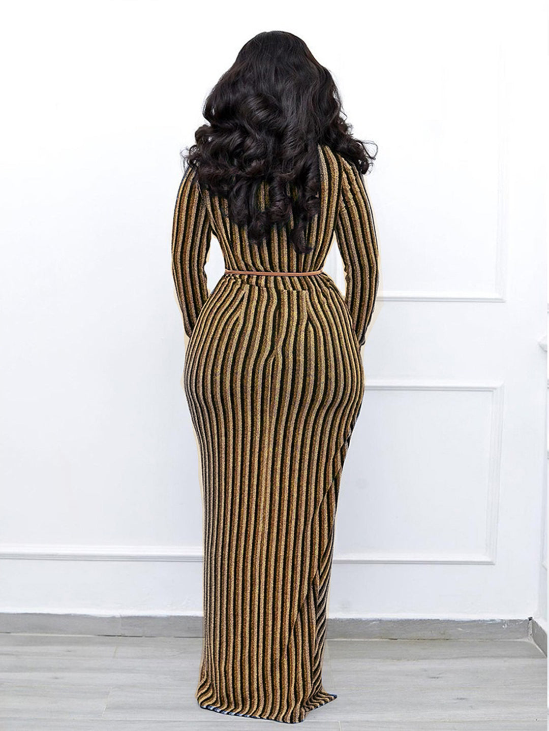 Elegant Striped Surplice Neck Dress（with belt）