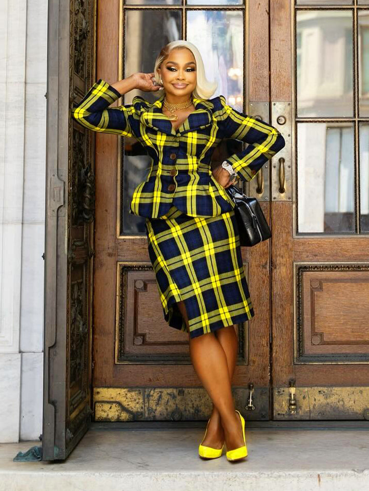 Classic Plaid Lapel Collar Top & Skirt Set