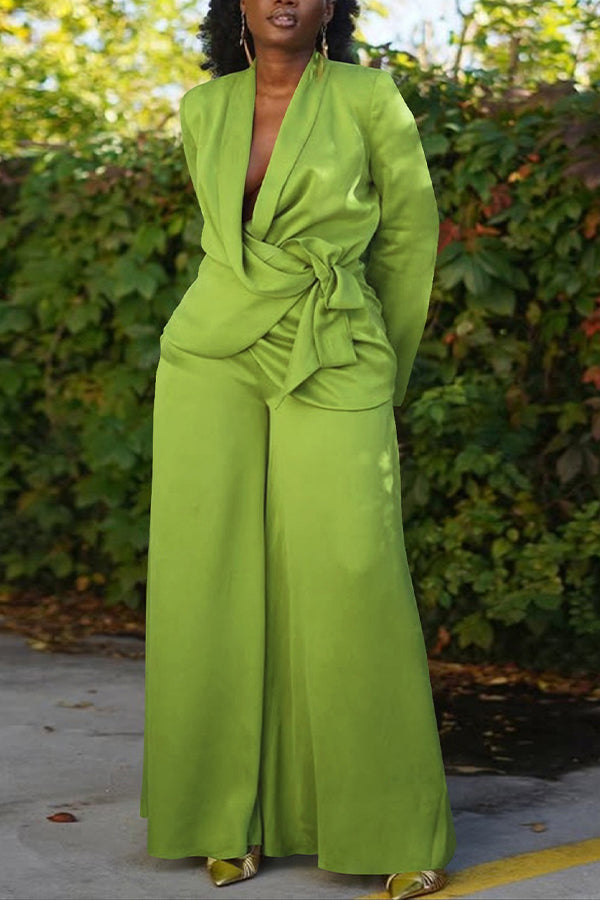 Stylish Shawl Collar Lace Up Blazer & Pants Set 