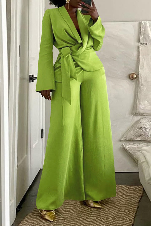 Stylish Shawl Collar Lace Up Blazer & Pants Set 