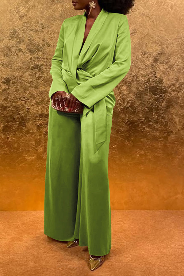 Stylish Shawl Collar Lace Up Blazer & Pants Set 