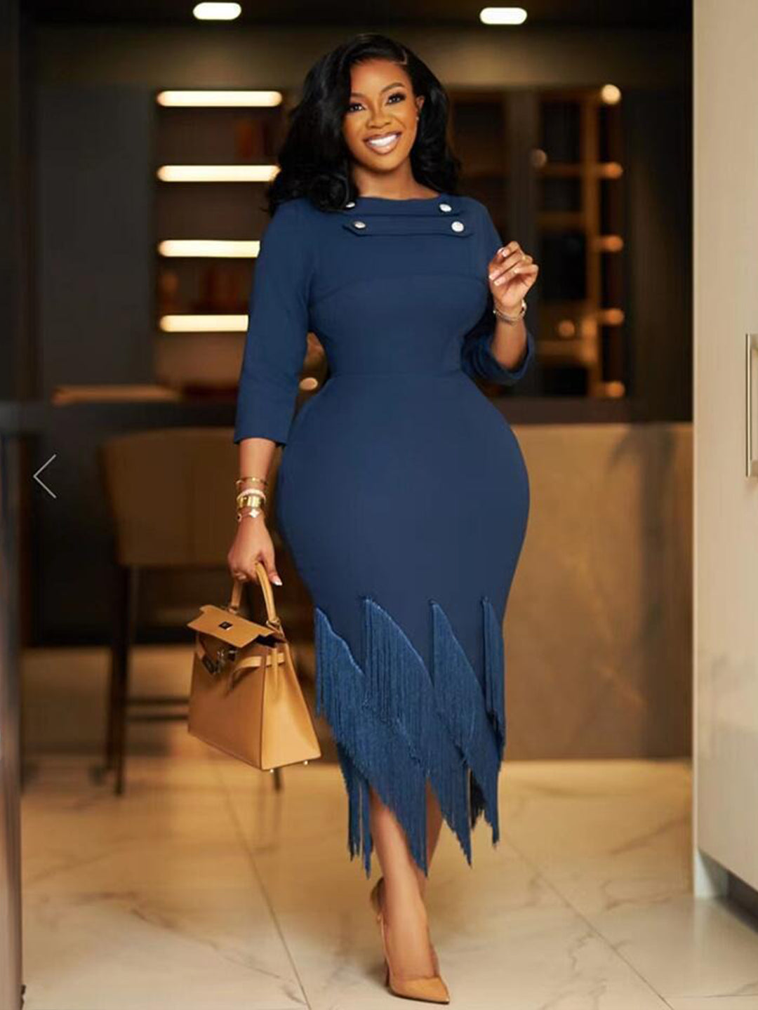 Elegant Fringe Trim 3/4 sleeves Dress