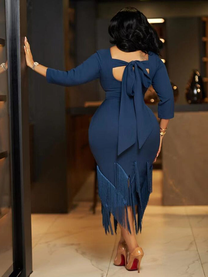 Elegant Fringe Trim 3/4 sleeves Dress