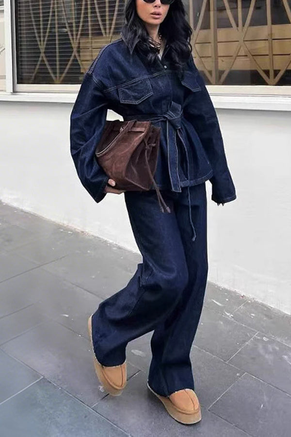 Retro Shirt Collar Belted Denim Jacket