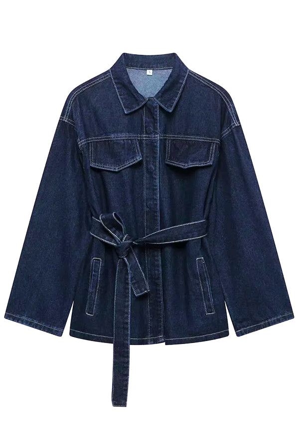 Retro Shirt Collar Belted Denim Jacket