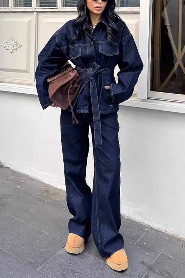 Retro Shirt Collar Belted Denim Jacket