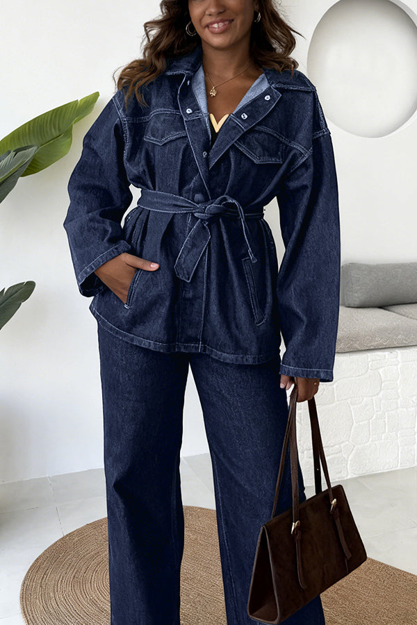 Retro Shirt Collar Belted Denim Jacket