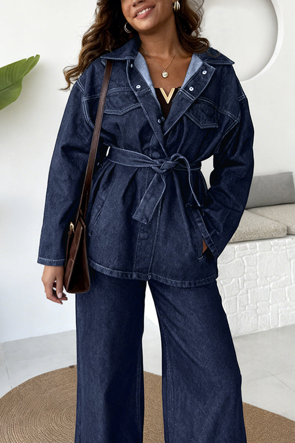 Retro Shirt Collar Belted Denim Jacket