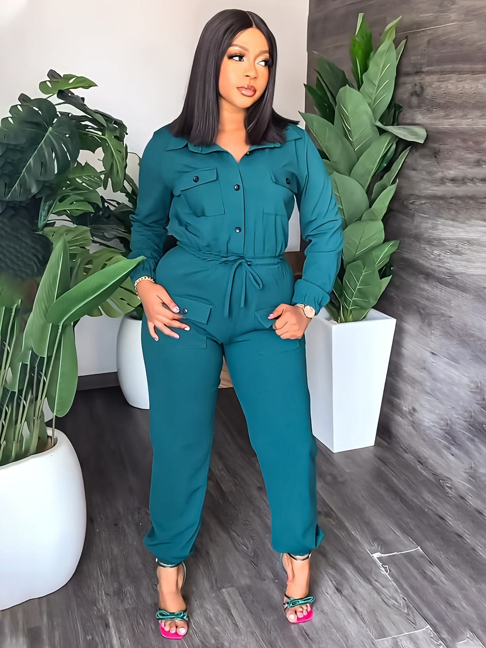 Fashion Single Breasted Drawstring Waist Jumpsuit