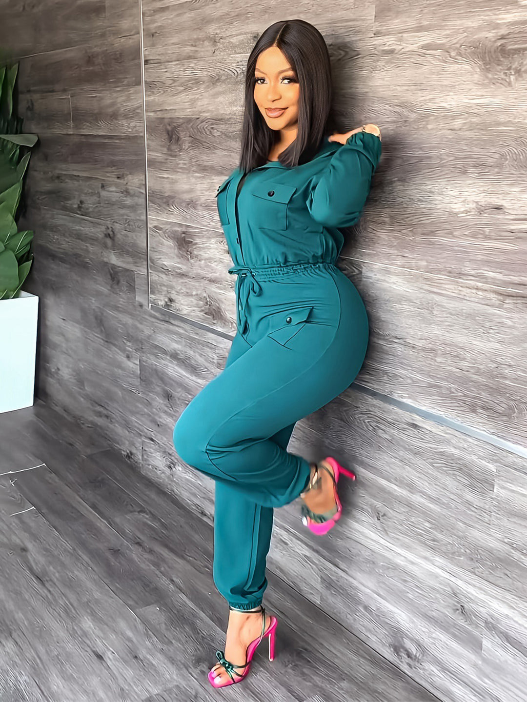 Fashion Single Breasted Drawstring Waist Jumpsuit