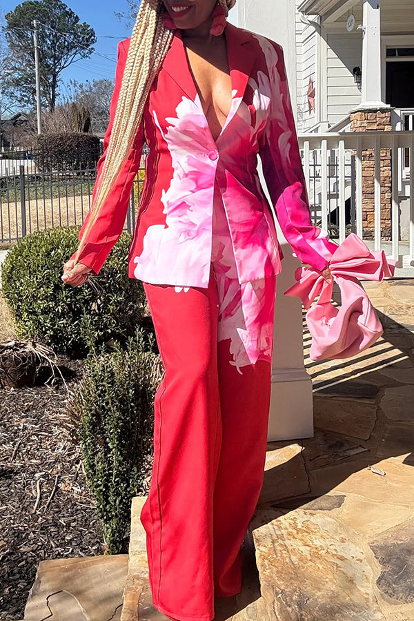 Fashionable Watercolor Flower Print Suit