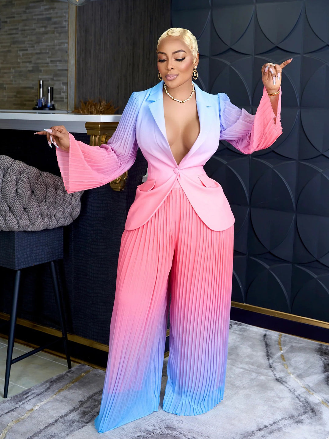 Fashionable Gradient Pleated Wide-Leg Blazer Set