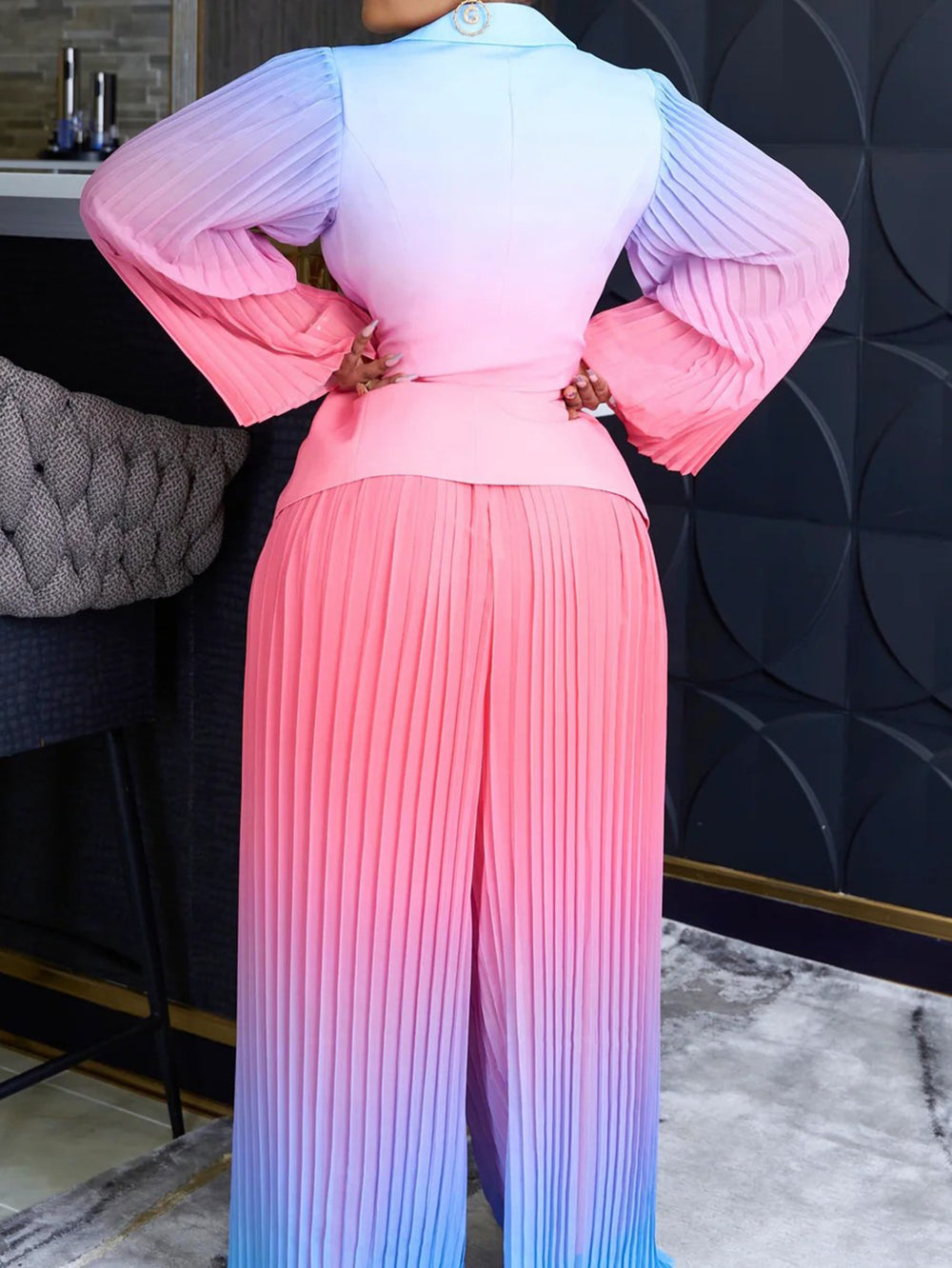Fashionable Gradient Pleated Wide-Leg Blazer Set