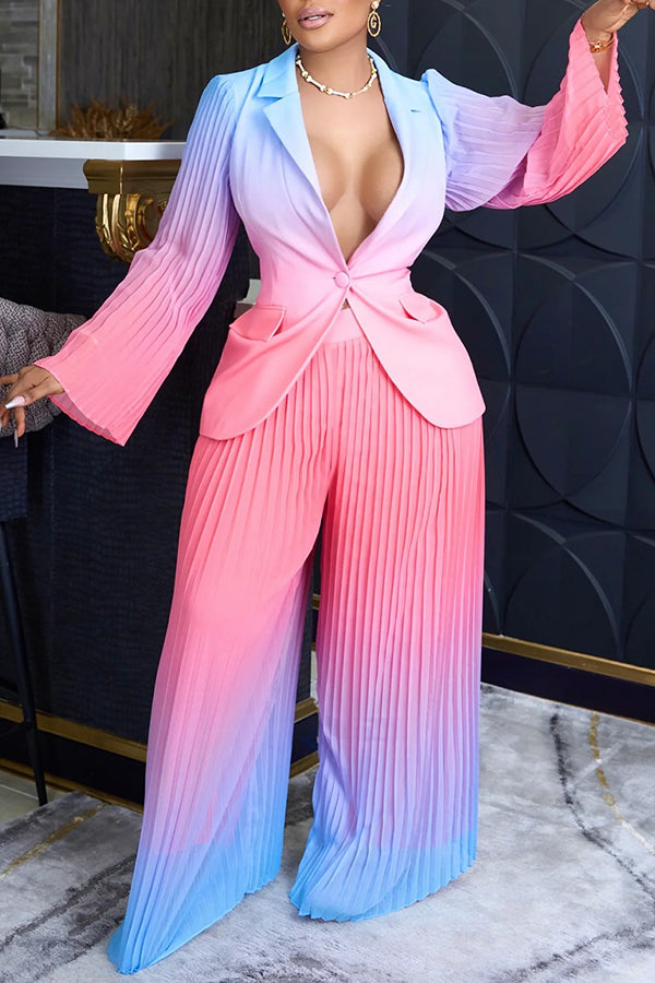 Fashionable Gradient Pleated Wide-Leg Blazer Set