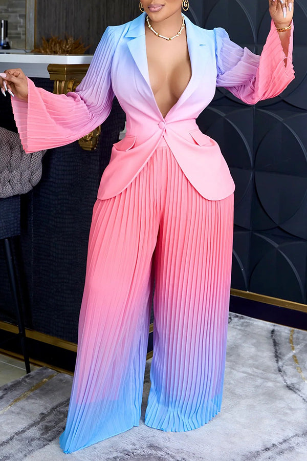 Fashionable Gradient Pleated Wide-Leg Blazer Set
