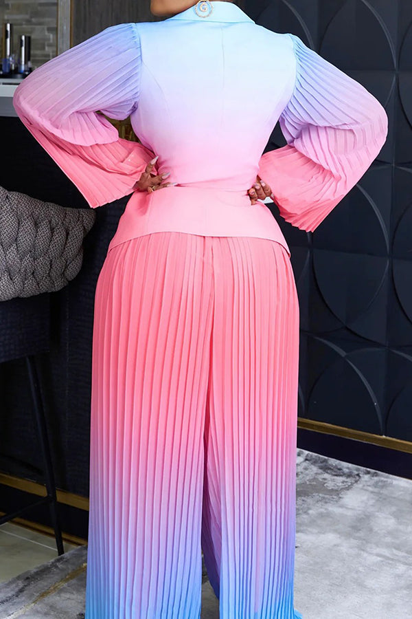 Fashionable Gradient Pleated Wide-Leg Blazer Set