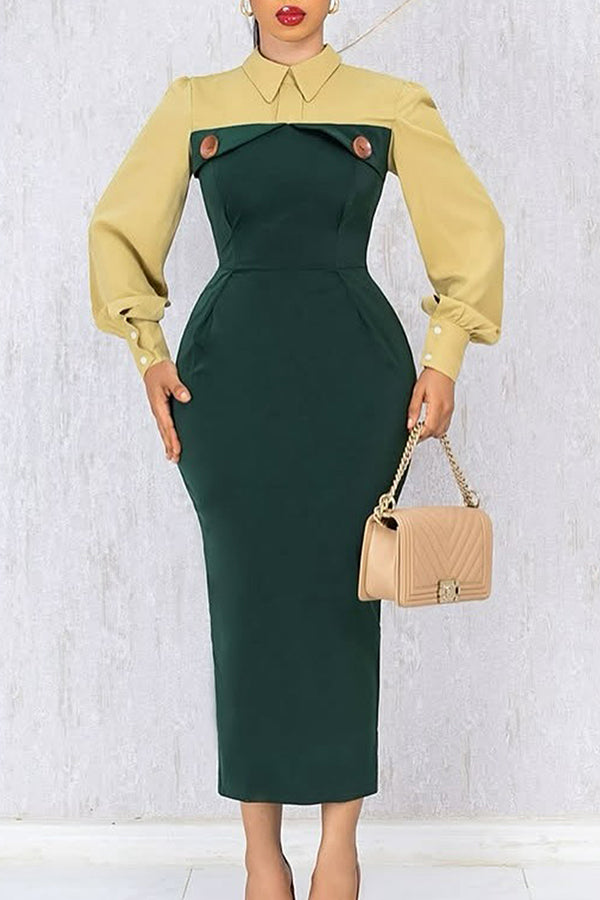 Elegant Colorblock Slit Bodycon Midi Dress