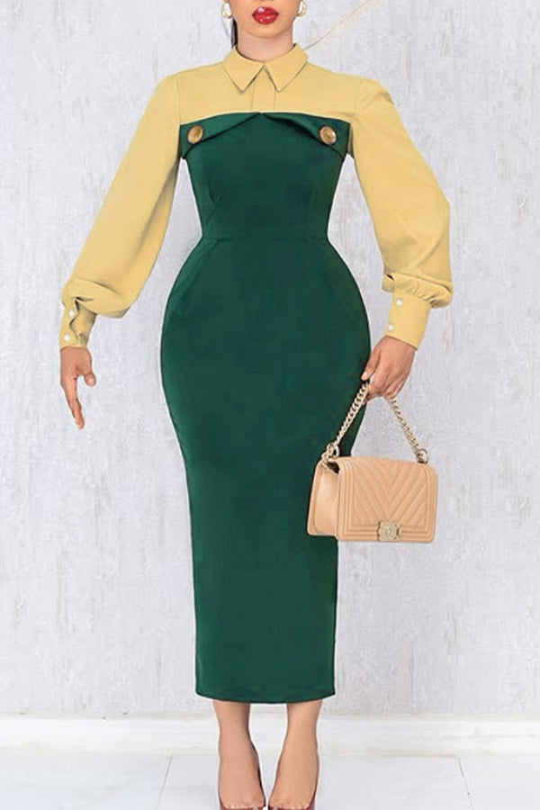 Elegant Colorblock Slit Bodycon Midi Dress