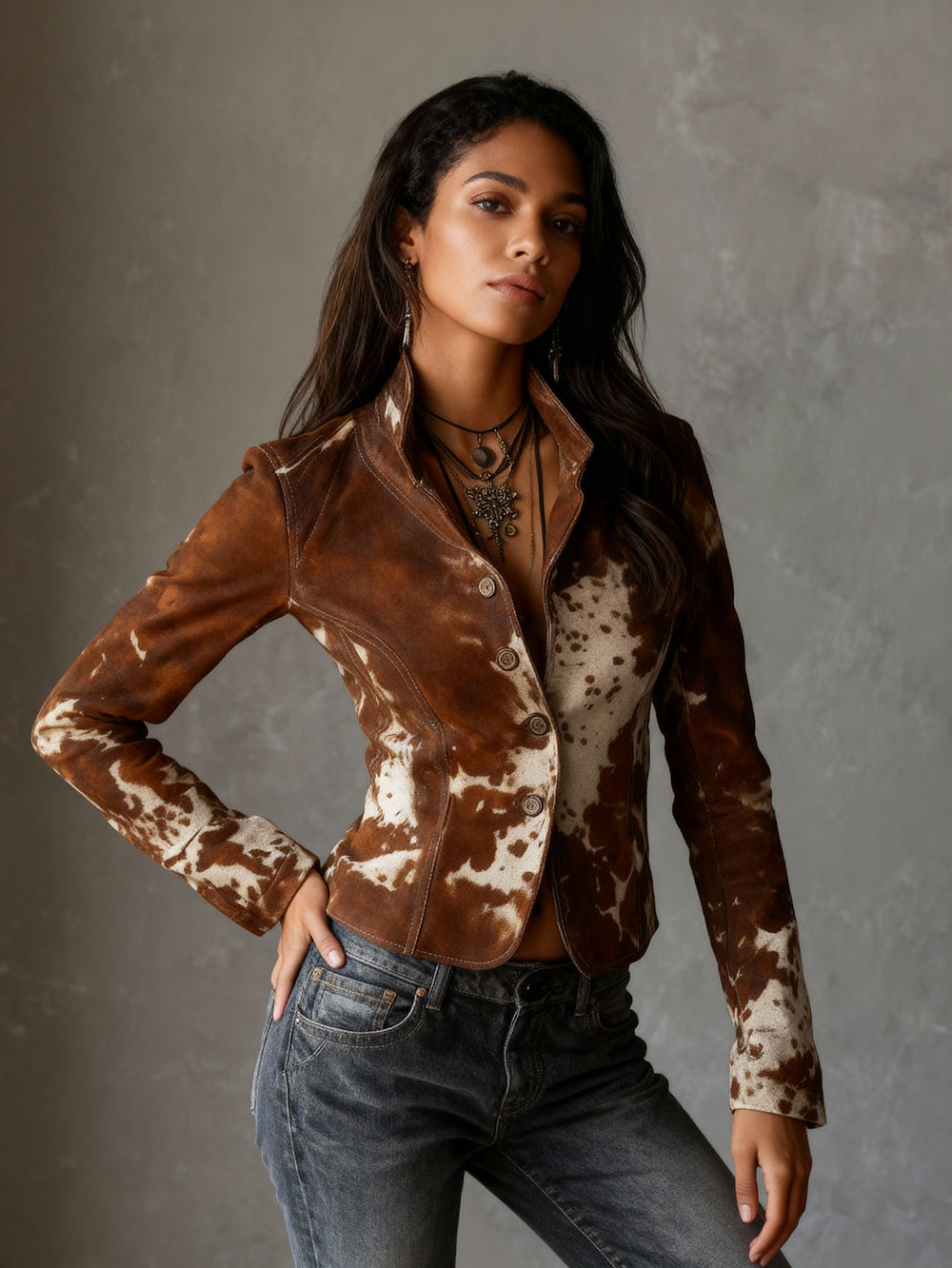 Retro Western Print Single-Breasted Suit Jacket