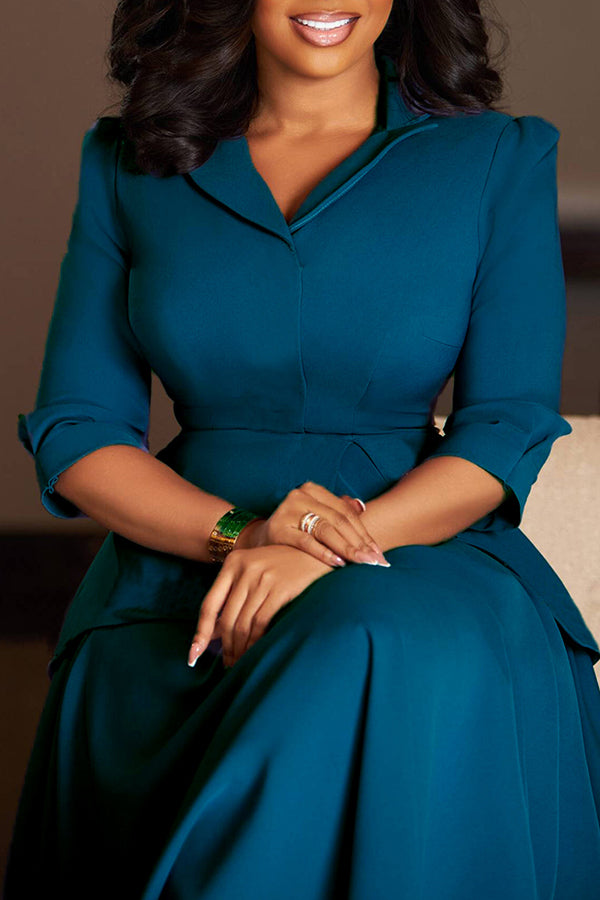 Elegant Solid Ruffled 3/4 Sleeve Swing Dress