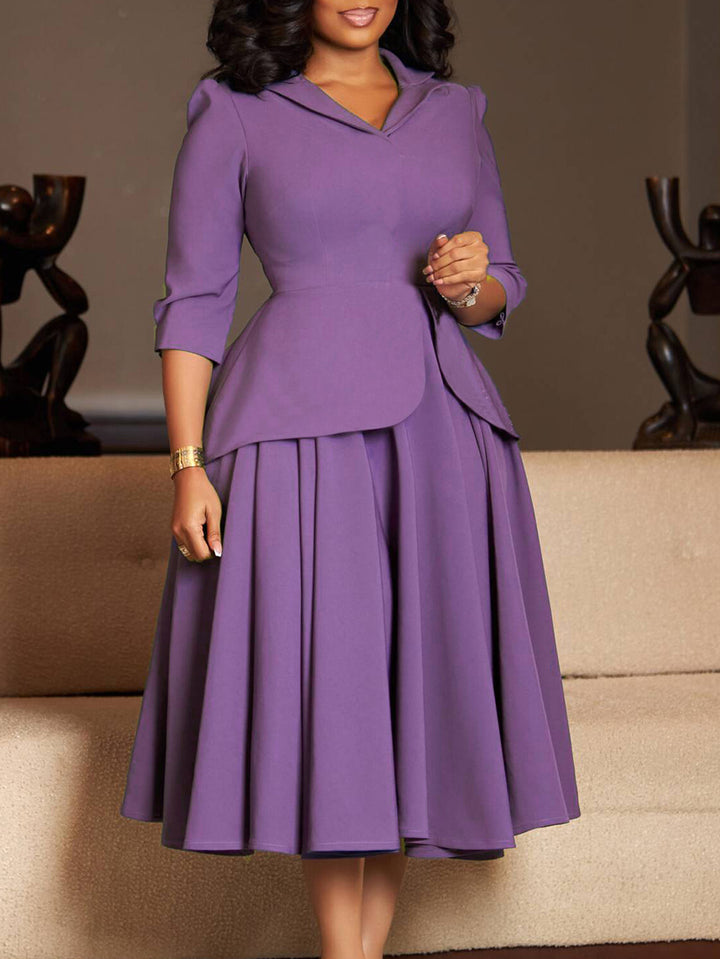 Elegant Solid Ruffled 3/4 Sleeve Swing Dress