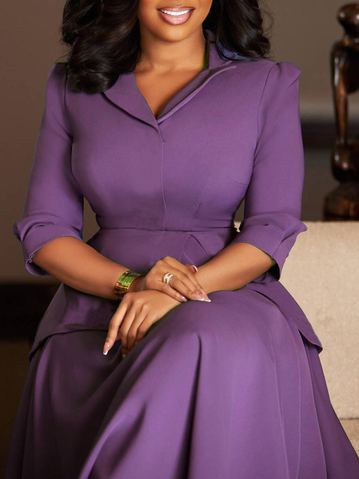 Elegant Solid Ruffled 3/4 Sleeve Swing Dress