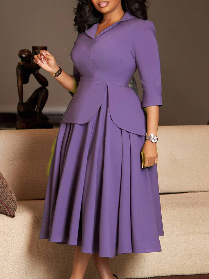 Elegant Solid Ruffled 3/4 Sleeve Swing Dress