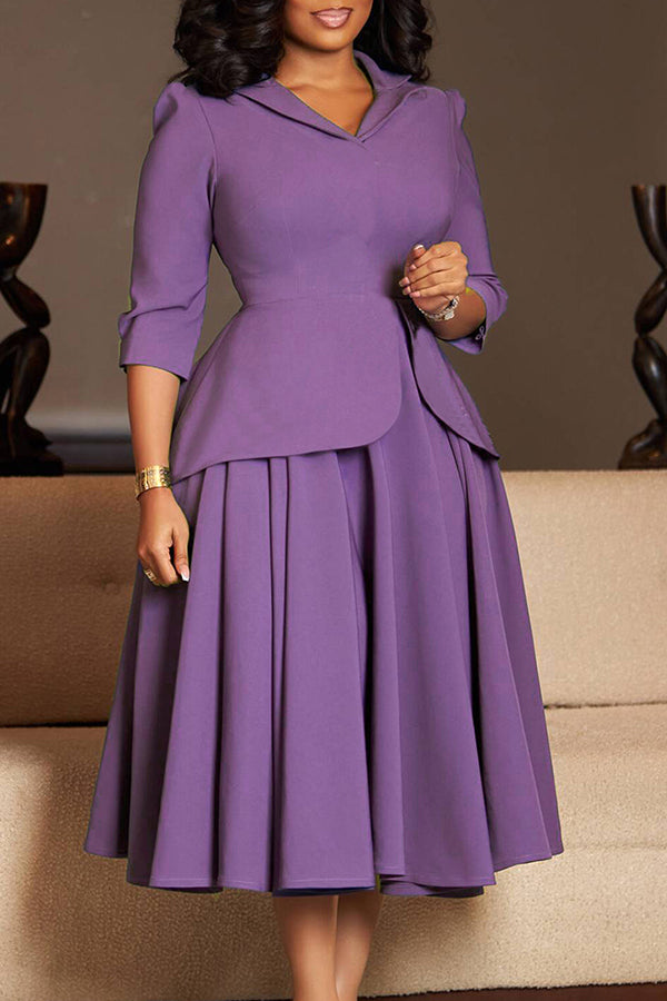 Elegant Solid Ruffled 3/4 Sleeve Swing Dress