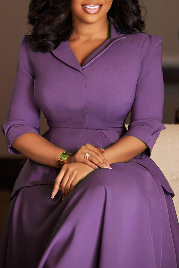 Elegant Solid Ruffled 3/4 Sleeve Swing Dress