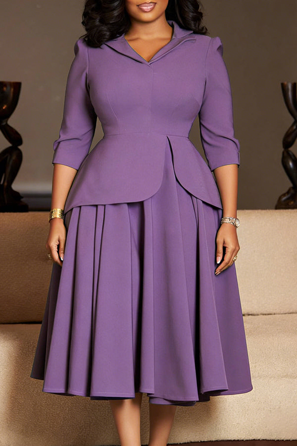 Elegant Solid Ruffled 3/4 Sleeve Swing Dress