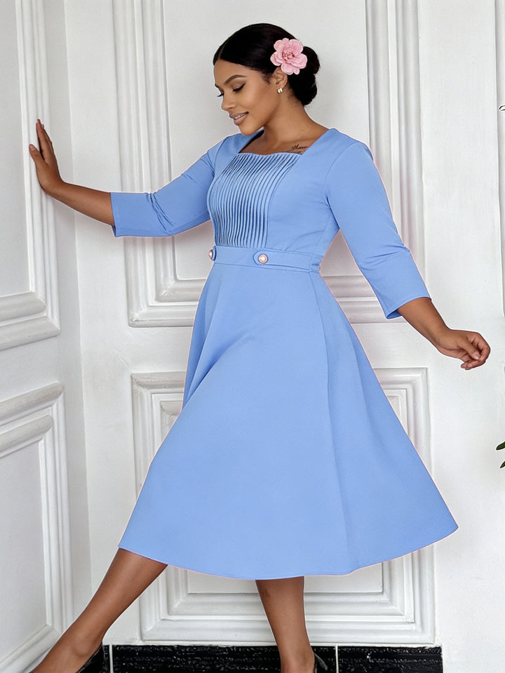 Stylish Pleated Details Square Neck Midi Dress